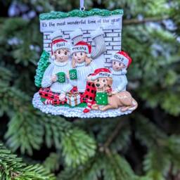 Personalised Family Of 3 4 5 6 With Sandy Dog Golden Retriever Labrador Puppy Fireplace Christmas Tree Decoration First 1st Xmas 2024 Bauble - thumbnail 2