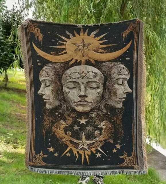Dark Academia Woven Throw Blanket, Mystical Triple Moon Decor, Gothic Occult Art - image 1