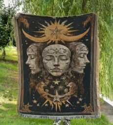 Dark Academia Woven Throw Blanket, Mystical Triple Moon Decor, Gothic Occult Art - thumbnail 1