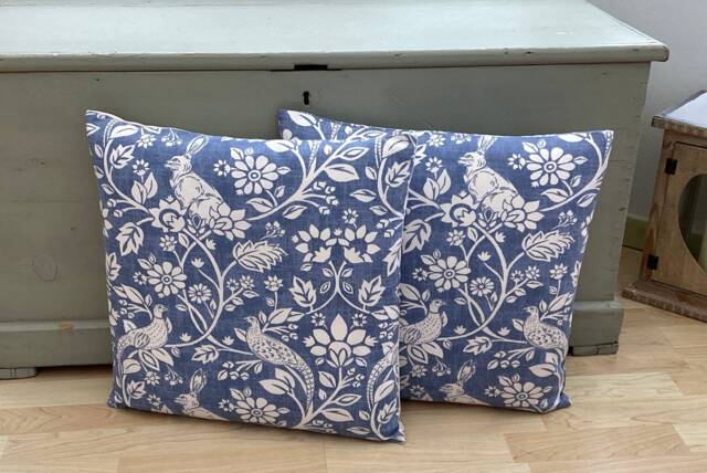 Handmade Country Animals' Heathland Hare Denim Blue Pheasant Game Birds Linen Throw Pillow Sham Cushion Cover - image 1