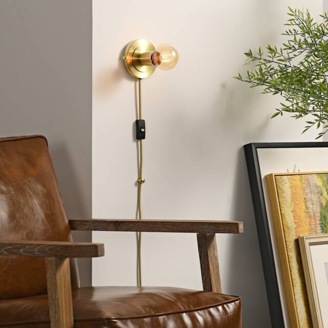 Gold Plug-In Wall Sconce Light - Mid Century Modern Minimal Bedroom Vanity Lighting Lamp For Apartments & Spaces With No J-Box Luna - image 1