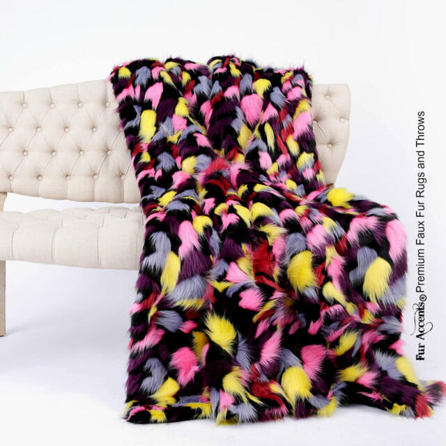 Patchwork Faux Fur Throw Blanket Pink, Yellow, Gray & Black - image 1