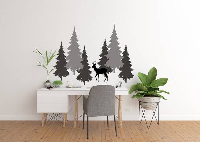 Tree Wall Mural With Deer, Woodland Decor, Deer Decal, Lodge Nursery Boy Decorations - image 1