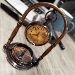 Personalized Antique Brass Desk Clock With Compass - Engraved Office Decor