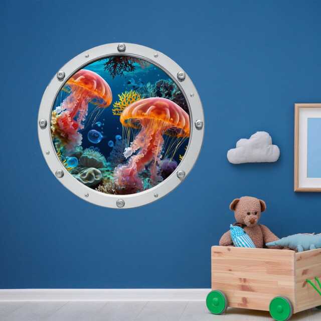 Jellyfish Porthole Wall Decal, 3D Coral Reef, Nautical Nursery Decor - image 1