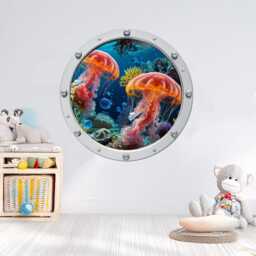 Jellyfish Porthole Wall Decal, 3D Coral Reef, Nautical Nursery Decor - thumbnail 2