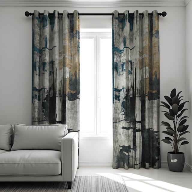 Abstract Art Curtains, Modern Grey & Blue Geometric Drapes, Bold Texture Print, Artistic Window Treatments, Custom Sizes Available - image 1