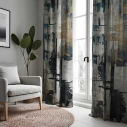 Abstract Art Curtains, Modern Grey & Blue Geometric Drapes, Bold Texture Print, Artistic Window Treatments, Custom Sizes Available - thumbnail 2