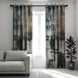 Abstract Art Curtains, Modern Grey & Blue Geometric Drapes, Bold Texture Print, Artistic Window Treatments, Custom Sizes Available - thumbnail 1