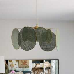 8-Round Linen & Brass Pendant Light - Designer Chandelier Kinetic Mobile Handmade - thumbnail 2