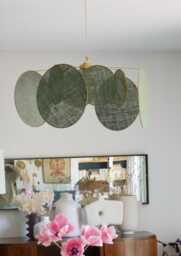 8-Round Linen & Brass Pendant Light - Designer Chandelier Kinetic Mobile Handmade