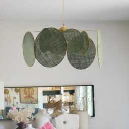 8-Round Linen & Brass Pendant Light - Designer Chandelier Kinetic Mobile Handmade - thumbnail 3