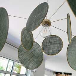 8-Round Linen & Brass Pendant Light - Designer Chandelier Kinetic Mobile Handmade - thumbnail 4