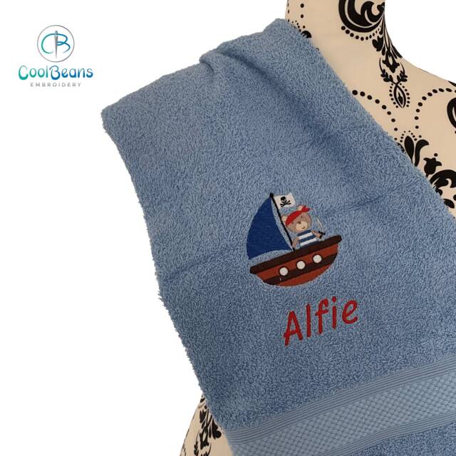Teddy Pirate Ship Towel - Personalised Face Cloth/Hand Bath = Embroidered - image 1