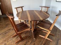 Nakashima Style Walnut Round Dining Table, Conoid Chairs, Japanese Chairs