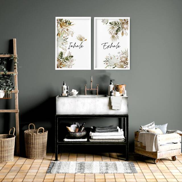 Bohemian Bathroom Decor Set Of 2 Framed Wall Art Prints For Toilet, Botanical Spa Walls, Inhale Exhale Relaxation Gift Women - image 1