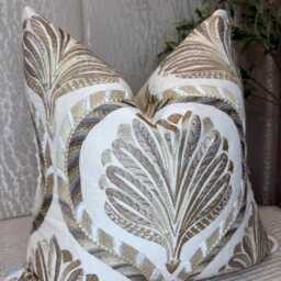 Handmade Floral Embroidered Pillow Cover, Abstract Leaf Beige Cushion Cover - Cotton Blend Background, Size 20 - thumbnail 4
