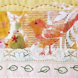 Art Quilt Wall Hanging With Hand Embroidery Paradise Bird, Snake, Waterlily - thumbnail 3