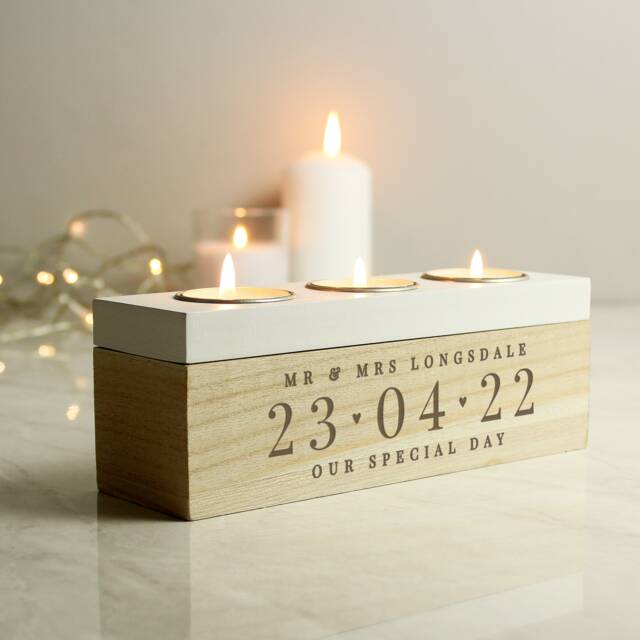 Personalised Wooden Wedding Anniversary Gift - 5 Years Date Triple Tea Light Box Tealight Box New Home Gift Couple - image 1