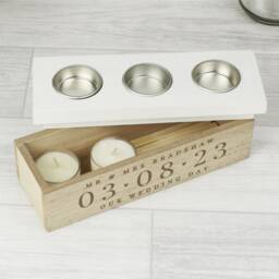 Personalised Wooden Wedding Anniversary Gift - 5 Years Date Triple Tea Light Box Tealight Box New Home Gift Couple - thumbnail 3