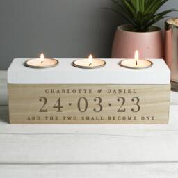 Personalised Wooden Wedding Anniversary Gift - 5 Years Date Triple Tea Light Box Tealight Box New Home Gift Couple - thumbnail 2