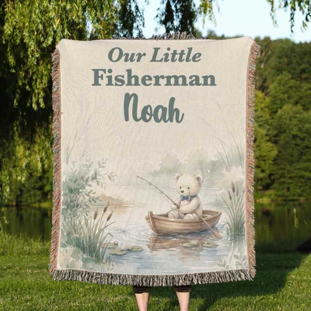 Personalized Fishing Blanket, Custom Name Little Fisherman Keepsake, Watercolor Teddy Bear Nursery Throw, Kids Gift - image 1