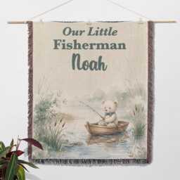 Personalized Fishing Blanket, Custom Name Little Fisherman Keepsake, Watercolor Teddy Bear Nursery Throw, Kids Gift - thumbnail 2