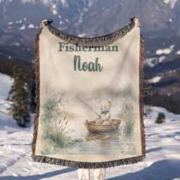Personalized Fishing Blanket, Custom Name Little Fisherman Keepsake, Watercolor Teddy Bear Nursery Throw, Kids Gift - thumbnail 3