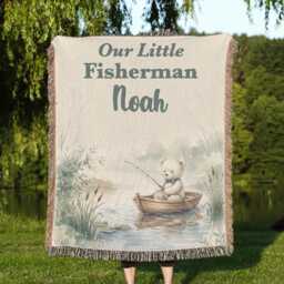 Personalized Fishing Blanket, Custom Name Little Fisherman Keepsake, Watercolor Teddy Bear Nursery Throw, Kids Gift - thumbnail 1