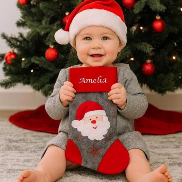 Personalised Embroidered Christmas Stocking Grey & Red Large Santa Design 40cm Hanging - Cuff Long Boot - image 1