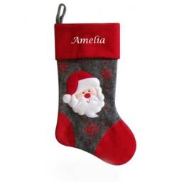 Personalised Embroidered Christmas Stocking Grey & Red Large Santa Design 40cm Hanging - Cuff Long Boot - thumbnail 3