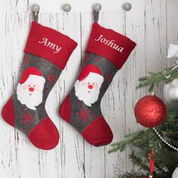 Personalised Embroidered Christmas Stocking Grey & Red Large Santa Design 40cm Hanging - Cuff Long Boot - thumbnail 2