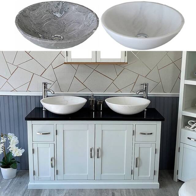 White Painted Bathroom Vanity Unit Cabinet Twin Stone Bowl Basin Tap Set 402Pbqsbcx2 - image 1