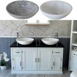 White Painted Bathroom Vanity Unit Cabinet Twin Stone Bowl Basin Tap Set 402Pbqsbcx2