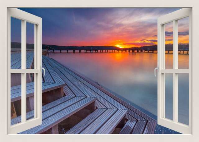 Sunset Wall Decal Mural, Lake Decal, Nature Sticker, 3D Window View Living Room Bedroom Home Decor