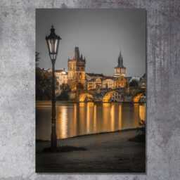 Prague Charles Bridge Canvas Wall Art, Night Cityscape Photography Print, Old Town Tower & Vltava River, Moody European Travel Decor - thumbnail 3