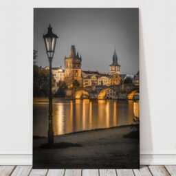 Prague Charles Bridge Canvas Wall Art, Night Cityscape Photography Print, Old Town Tower & Vltava River, Moody European Travel Decor - thumbnail 2