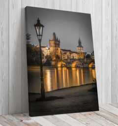 Prague Charles Bridge Canvas Wall Art, Night Cityscape Photography Print, Old Town Tower & Vltava River, Moody European Travel Decor