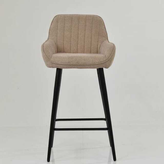 Stone Brown Fabric Bar Stool With Backrest - Breakfast & Kitchen Stool, Contemporary Black Metal Base - image 1