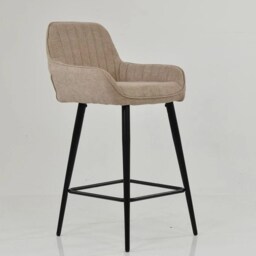 Stone Brown Fabric Bar Stool With Backrest - Breakfast & Kitchen Stool, Contemporary Black Metal Base - thumbnail 2