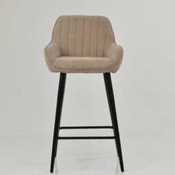 Stone Brown Fabric Bar Stool With Backrest - Breakfast & Kitchen Stool, Contemporary Black Metal Base - thumbnail 1