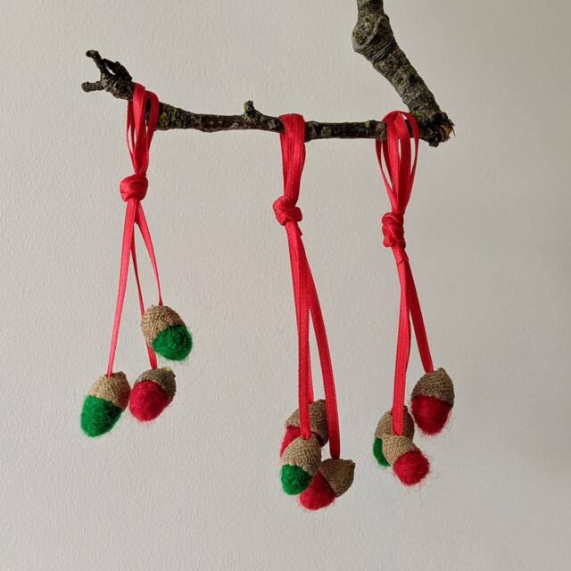 Felted Acorns, Handmade, Traditional Hanging Christmas Or Autumn Decoration in Red & Green - image 1