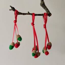 Felted Acorns, Handmade, Traditional Hanging Christmas Or Autumn Decoration in Red & Green - thumbnail 1