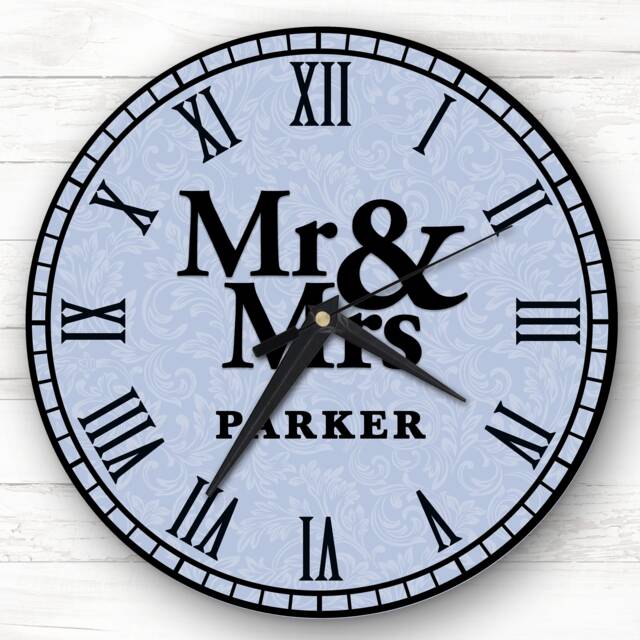 Mr & Mrs Blue Floral Background Romantic Couple Gift Personalised Clock - image 1