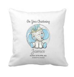 Personalized Elephant Christening Cushion Baby Boy Keepsake Gift - thumbnail 1