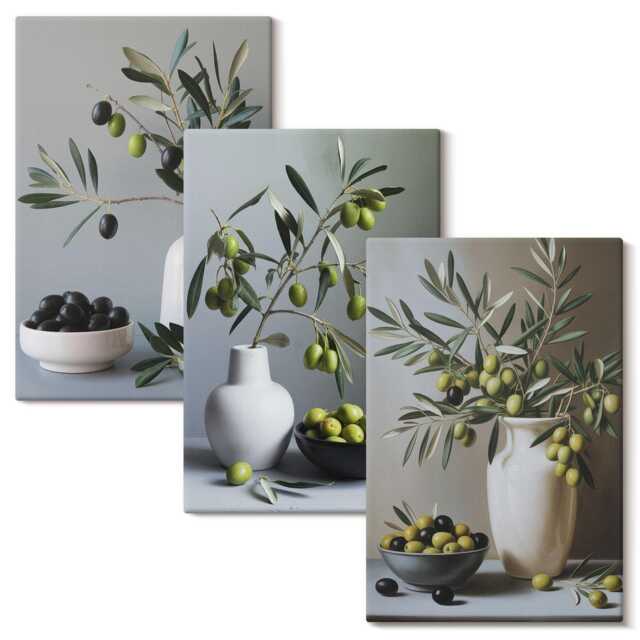 Canvas Wall Art Set Of 3 - Olives in Vases Against A Background Muted Colors, Green Photo Print, Plants & Flowers Decor - image 1