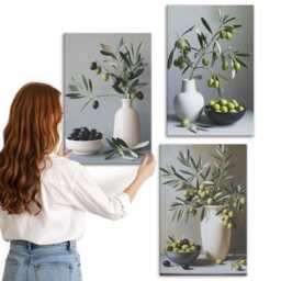 Canvas Wall Art Set Of 3 - Olives in Vases Against A Background Muted Colors, Green Photo Print, Plants & Flowers Decor - thumbnail 2