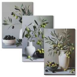 Canvas Wall Art Set Of 3 - Olives in Vases Against A Background Muted Colors, Green Photo Print, Plants & Flowers Decor - thumbnail 1