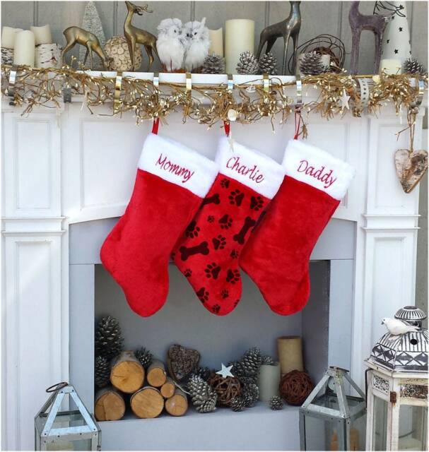 Red White Plush Christmas Stocking Paws Bone Fish Personalized Embroidered Family Stockings - Traditional Cat Dog Pet - image 1