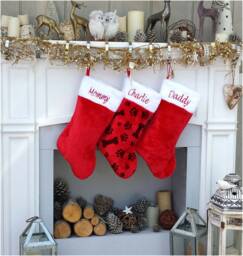 Red White Plush Christmas Stocking Paws Bone Fish Personalized Embroidered Family Stockings - Traditional Cat Dog Pet